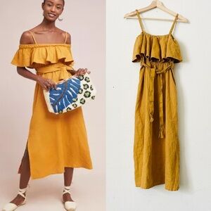 Faithfull the Brand SIZE 4 Santo 100% linen ruffled midi dress - mustard yellow